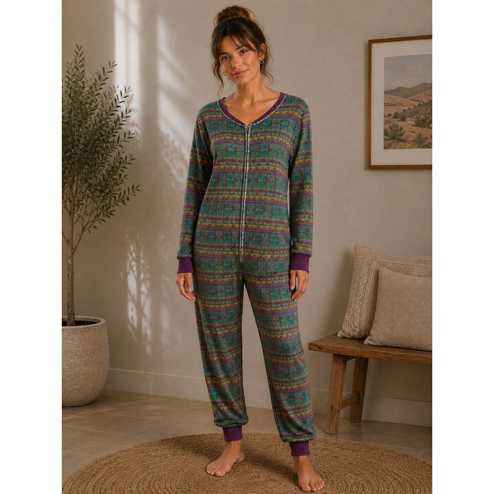 Natural Life Womens Boho Fleece Full Zip Jumpsuit Loungewear Multi Color Size M